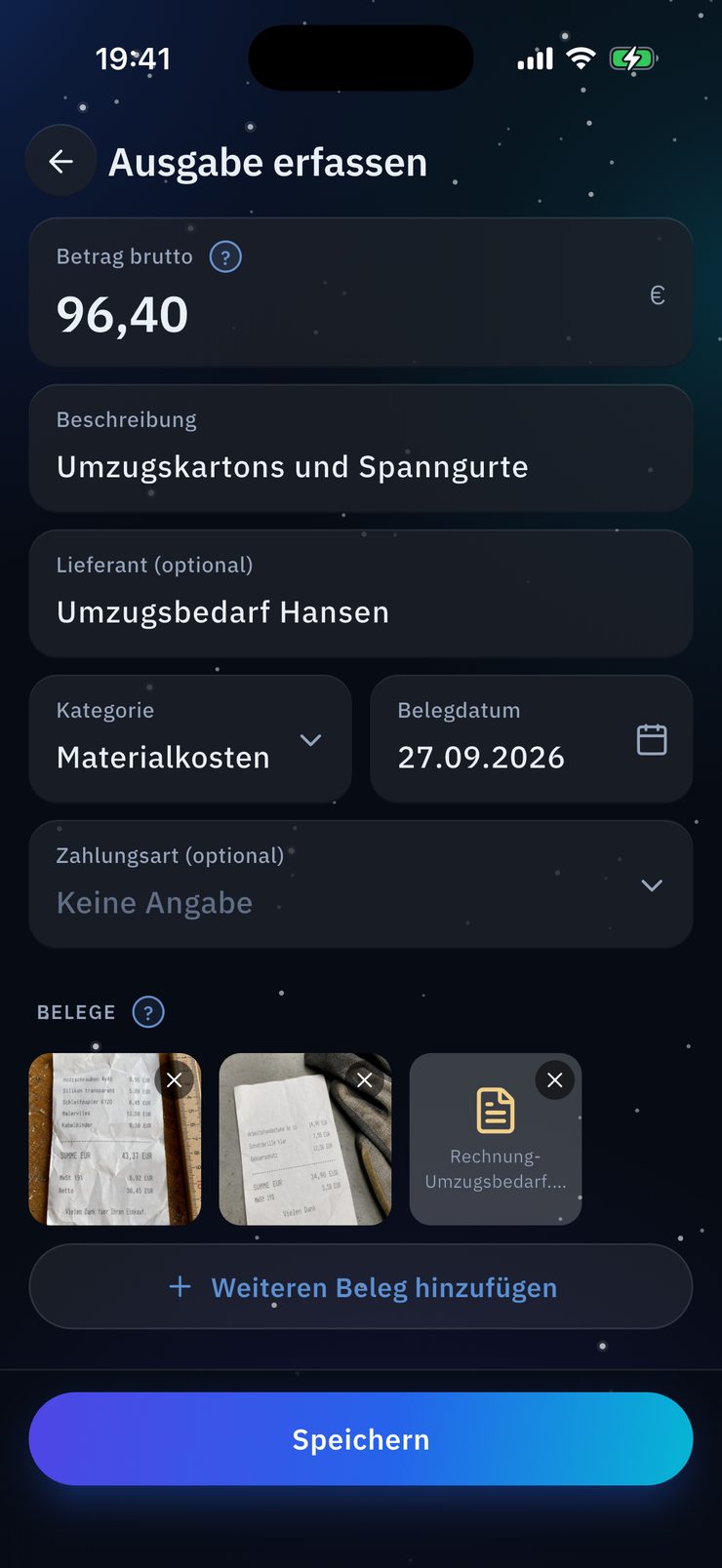 OfficePilotPro: Ausgabe mit Belegfotos