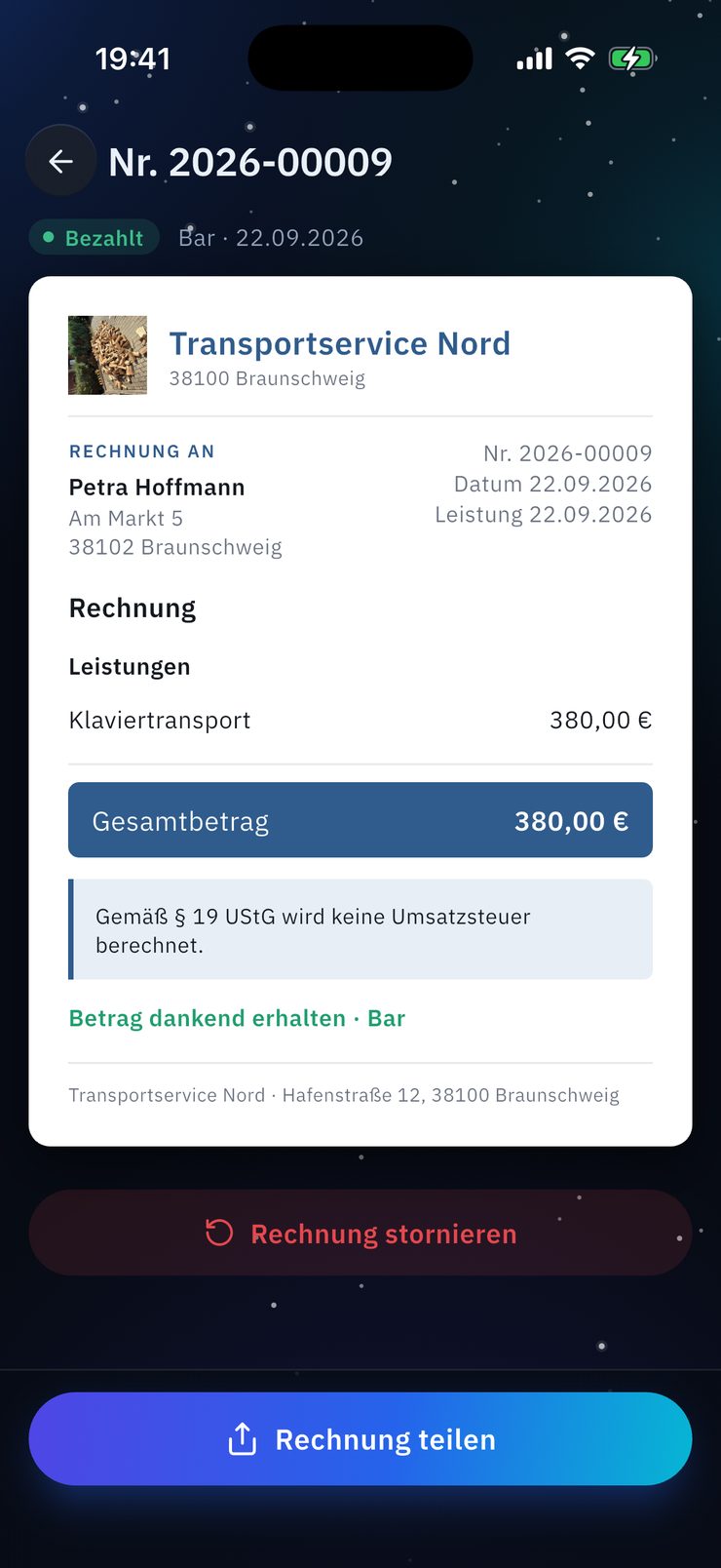 OfficePilotPro: Fertige Rechnung zum Teilen